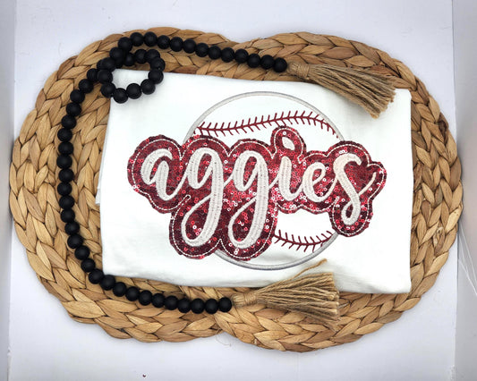 Embroidered Sequin Aggies Baseball Short Sleeve Shirt