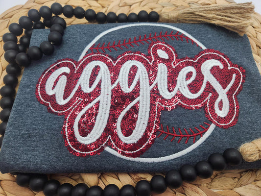 Embroidered Sequin Aggies Baseball Short Sleeve Shirt